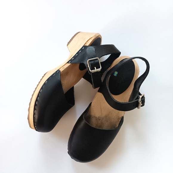 Lotta's Lotta From Stockholm Low Wood Black Leather Swedish Wooden Clogs Size 38 - Picture 7 of 9